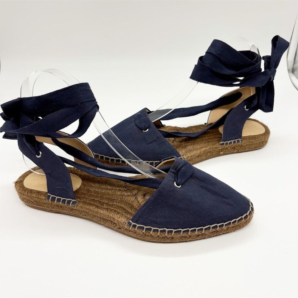 J. Crew Pointed Toe Ankle Wrap Tie Espadrille Size 8 Navy Blue Canvas Summer